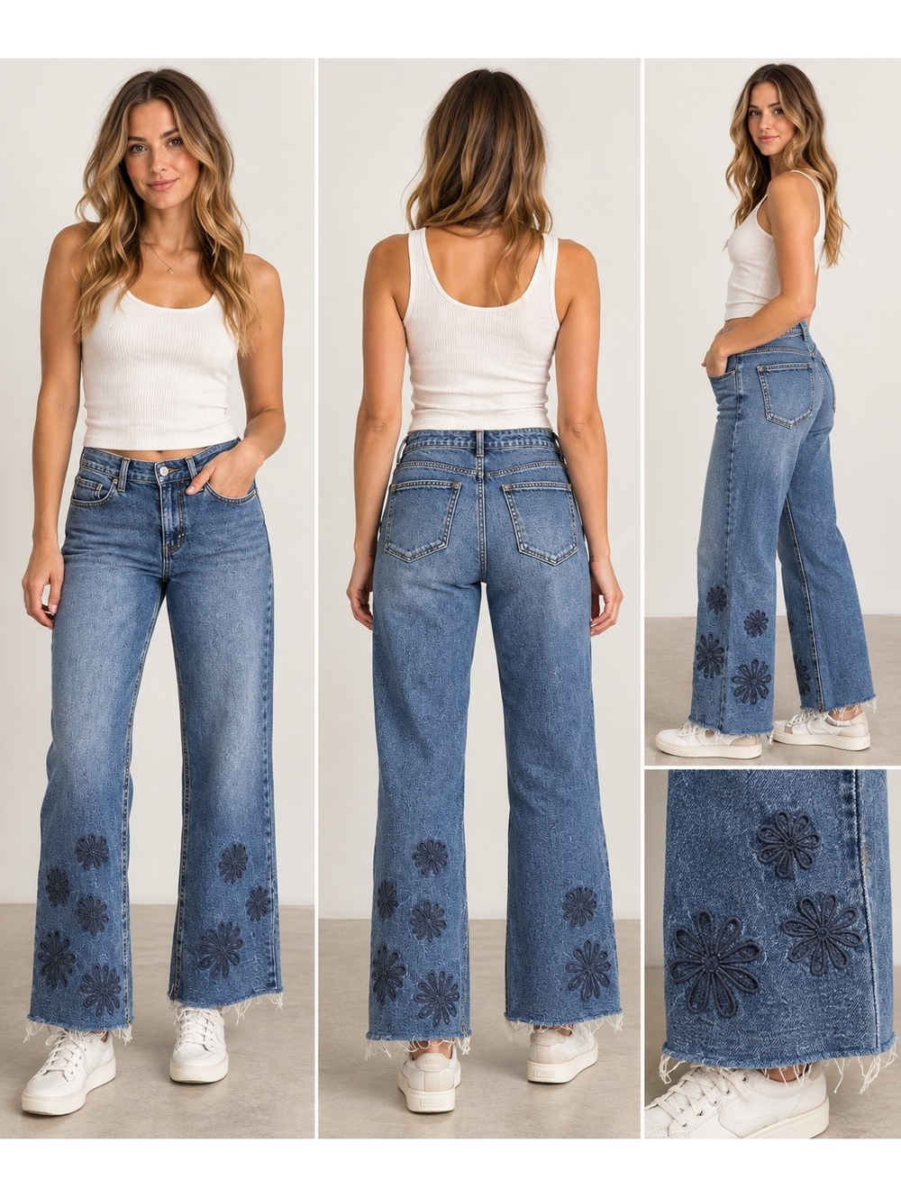 Desigual Floral Appliqué Wide Leg Cropped Jeans Women’s Size 44 Blue Raw Hem